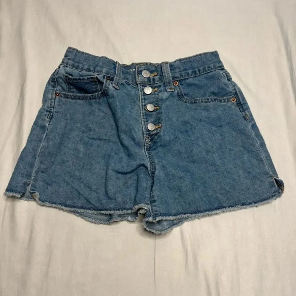 Old Navy Light Wash High Rise Button Fly Denim Shorts Size 12 | Raw Hem